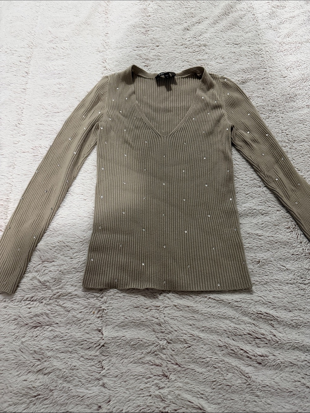 Express Tan Ribbed V-Neck Long Sleeve Top with Stud Embellishments